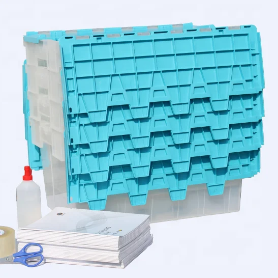 Plastic moving home warehouse crate Attached lid container for packaging and transportation