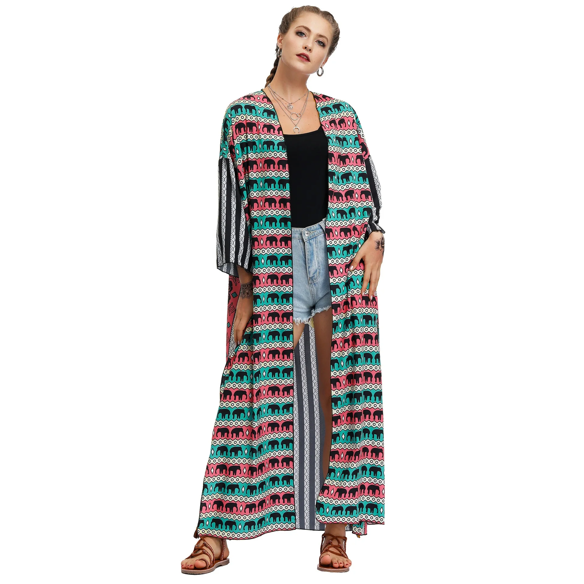 Wholesale 3D Print Blusa Praia Feminine Fashion Beachwear Long Slit Open Women Beach Wraps Exotic Shawl