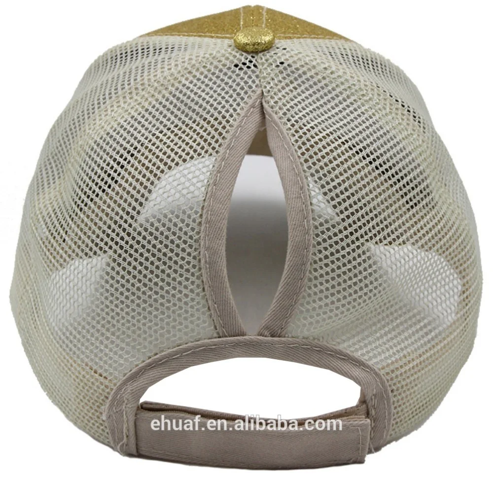 Six panel messy high bun adjustable glitter trucker bling mesh hat ponytail baseball cap