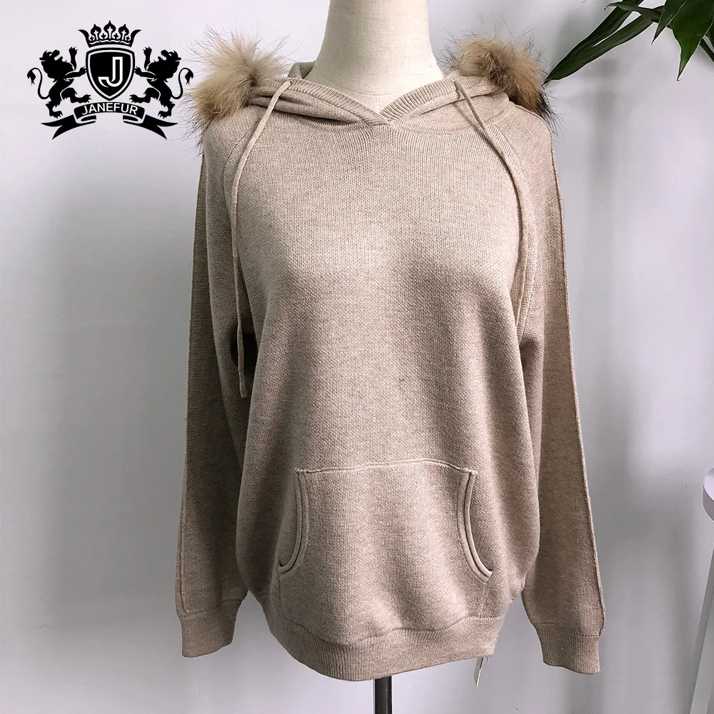 Cashmere suite fashion casual pullover with raccoon fur clothes women knitted wool sweater suite