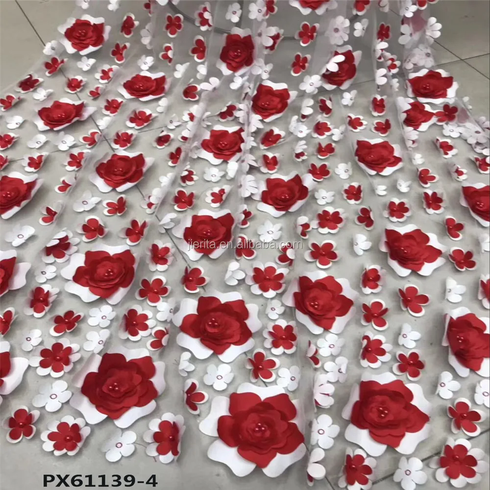 Nice patterns Red 3d flower embroidery wedding tulle lace fabric with pearl
