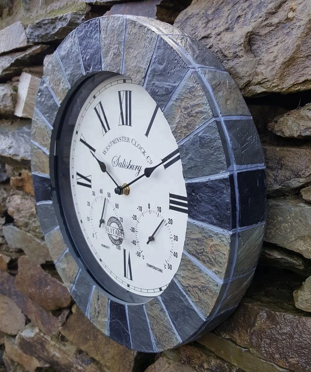 
14 inch Faux Stone Outdoor garden Wall Clock with thermometer and HYGROMETER 
