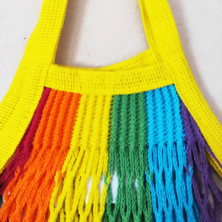 Manufacture Eco 100% Cotton French Style Rainbow Large Filter Shopping Storage String Market Mesh Net Bags with Shoulder Straps