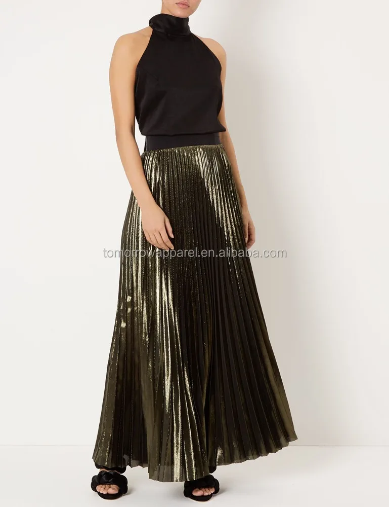 New Fashion Green-gold Metallic Pleated Summer Mini Daily Skirt DEM/DOM Manufacture Wholesale Fashion Women Apparel (TA5093S)