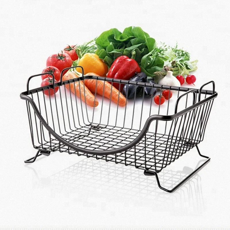 Home Kitchen Organizer Cast Iron Stackable Kitchen Dish Rack Storage Basket Plate Rack Dish Drainer Rack with Foldable Stander