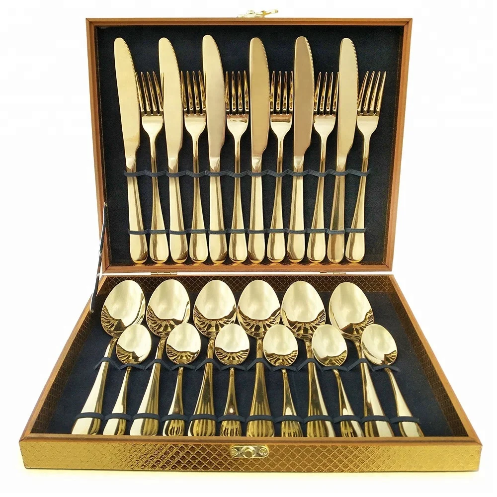 
Hot Selling Stainless Steel 24PCS Gold Cutlery Set Packing with Wood Box 