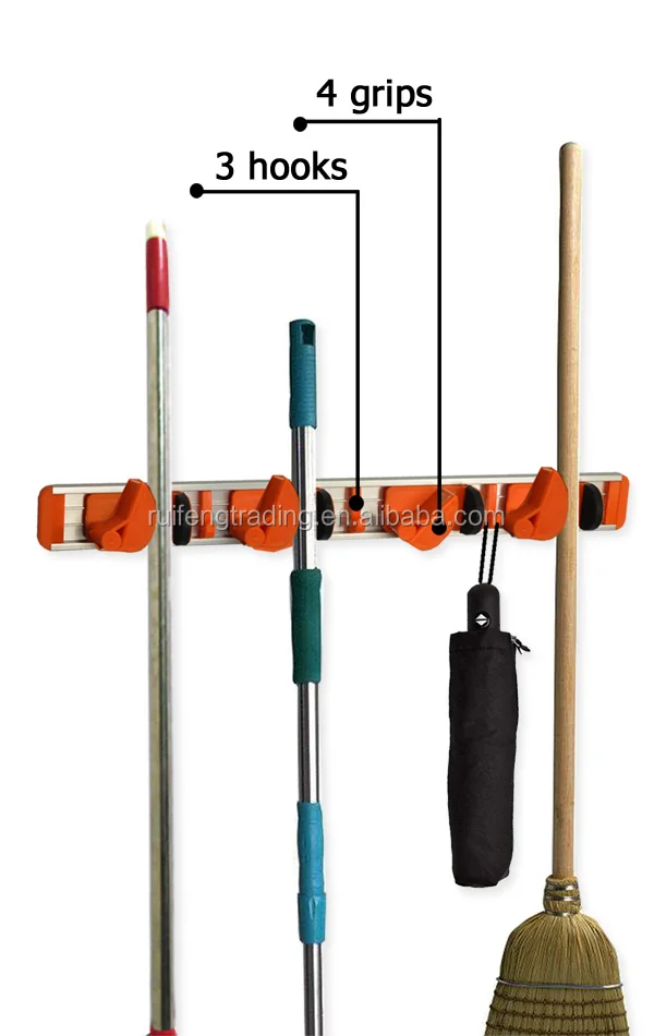 Wall mounted non slide mop broom holder and rake garden tool organizer