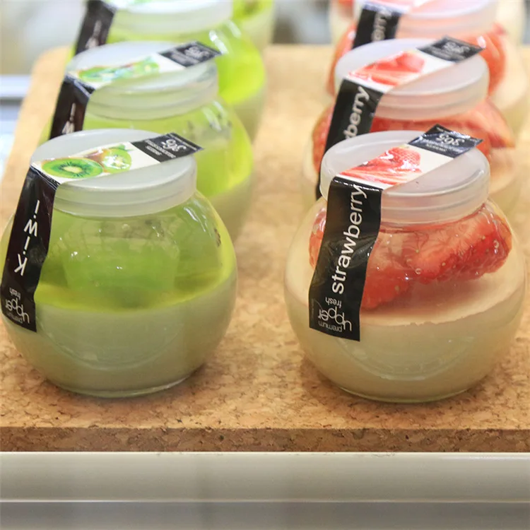 200ml Round Ball Pudding Glass Jar, Candy Beverage Glass Gottle, Pudding jar with PE lid