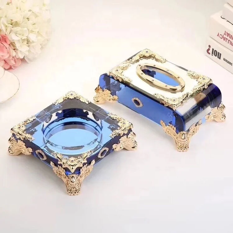 Top quality Pujiang wholesale K9 new luxurious design square shape color crystal ashtray with metal base & crystal napkin box