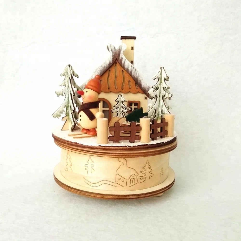 Wood craft snowman mechanical music boxes with smoking house