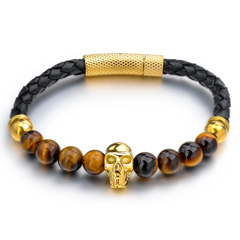 Fashion Tiger Eye Stone Bead Gold Skull Charm Leather Bracelet For Men,Mens Bracelets Skull Jewelry