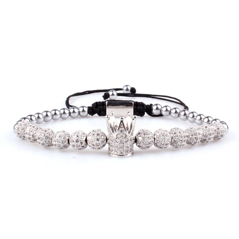 2022 Summer Hot Sell Adjustable Mens Luxury 18k Gold Plated Crown Charm Zircon Micro Insert 6mm Disco Bead Bracelet