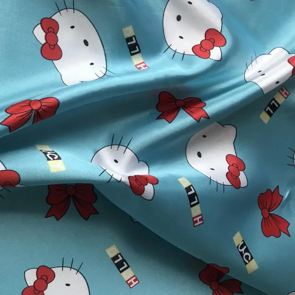Satin Fabric Printed Fabric Cat Hello Kitty blue