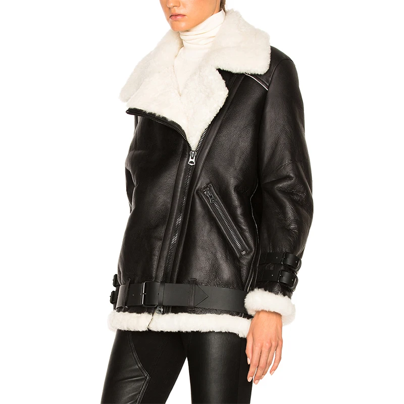 Wholesale Trendy Winter Faux Fur Shearling Coat Fur Lining Women Leather Coat