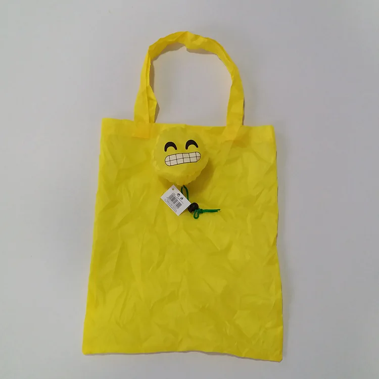 
custom smile face yellow polyester foldable shopping handle tote bag 
