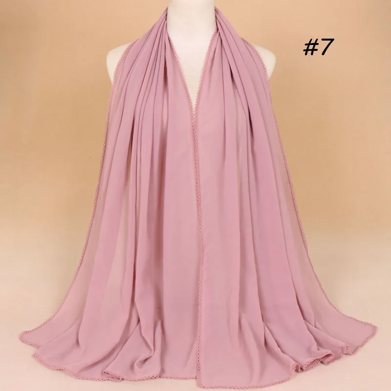 Оптовая продажа, простой шифоновый хиджаб с кружевными краями, шифоновый модный шарф, кружевные шали для продажи