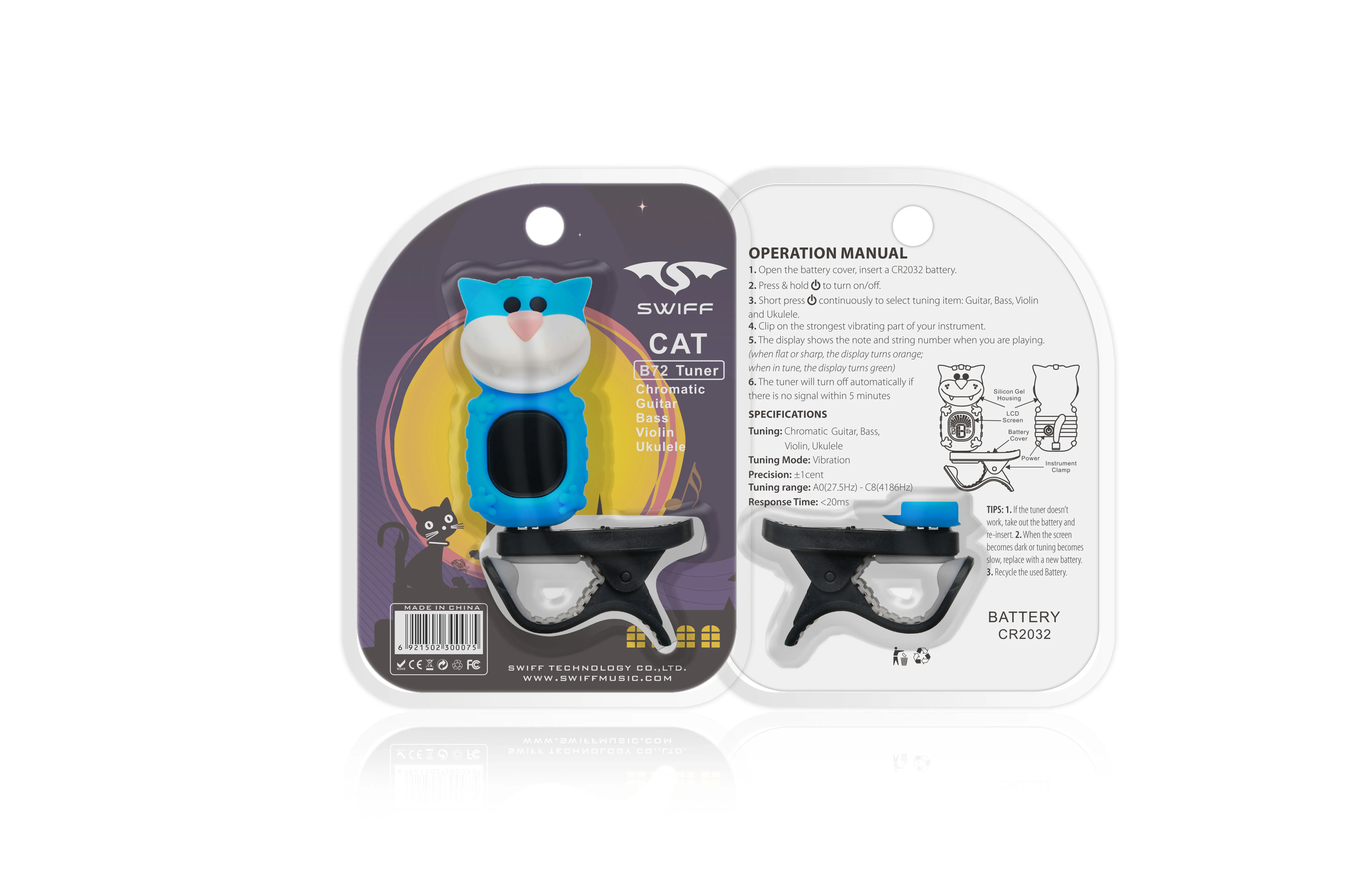 OEM Cute cat electronic clip-on chromatic instrument classical guitar tuner for violin chromatic ukulele bass