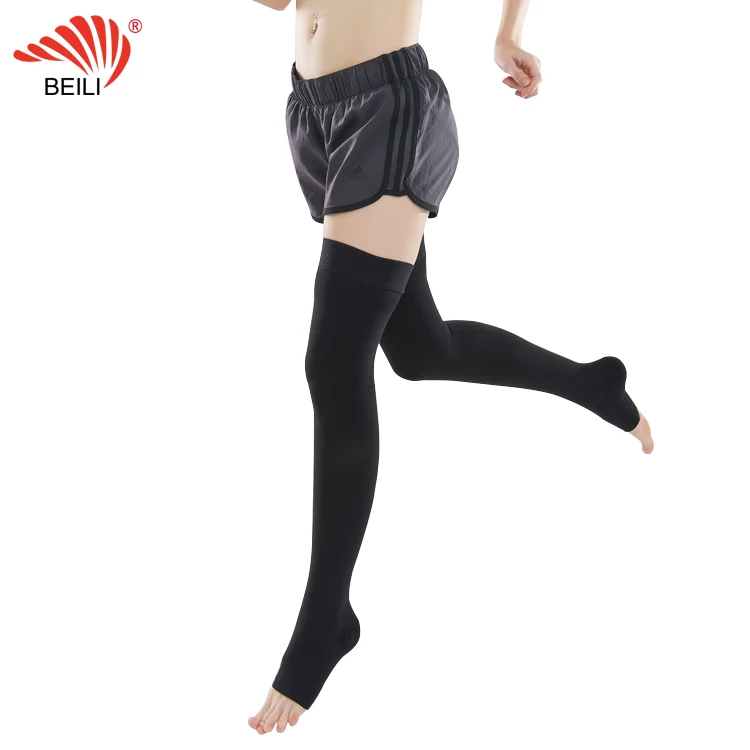 OEM anti varicose veins medical thigh high open toe beige black compression stockings with best price