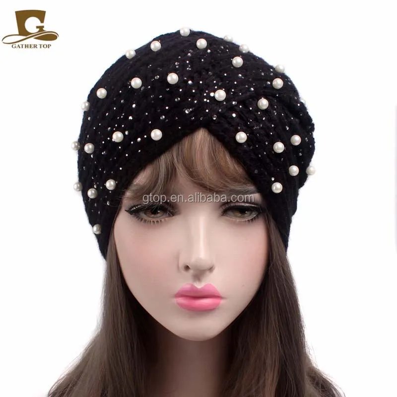 Fashion Women Pearled Beanie knitted Turban Cross Style Bohemian knitted Beanie India Style Knitting  Beanie CapTJM-85A