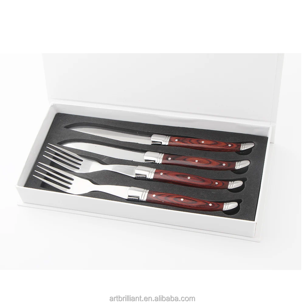 wooden handle 4 Piece Laguiole Steak Knife and Fork Set