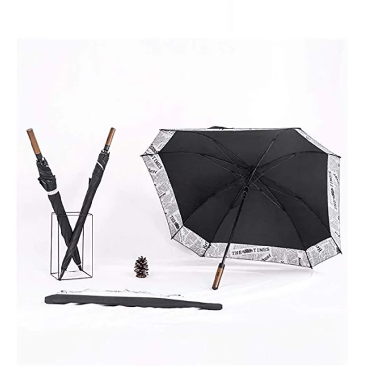 golf umbrella square wood handle custom logo newspaper print windproof 27 inch 30 inch automatic open straight umbrellas