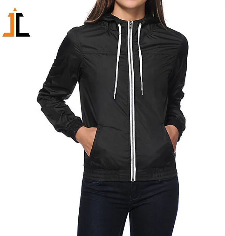 
OEM polyester women black hoodie white zip windbreaker running out door jacket 