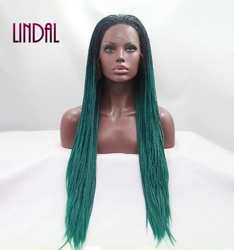 LINDAL synthetic heat resistant fiber dreadlocks ombre green braided wigs lace front wig fake scalp wig for women