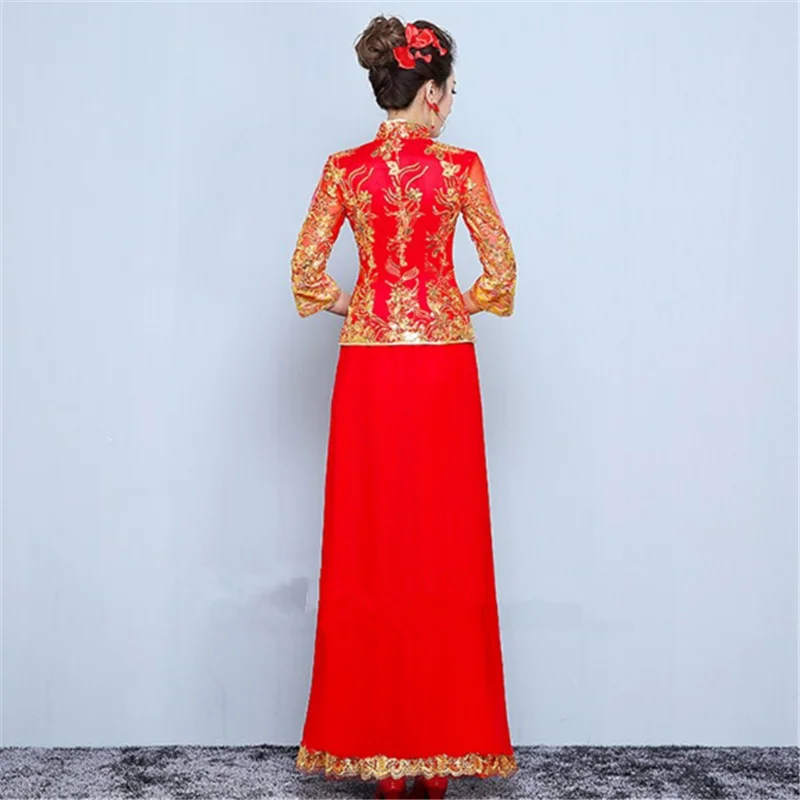 fashion Chinese ladies vintage bridal party sequin embroidered peacock Tang wedding cheongsam qipao dress