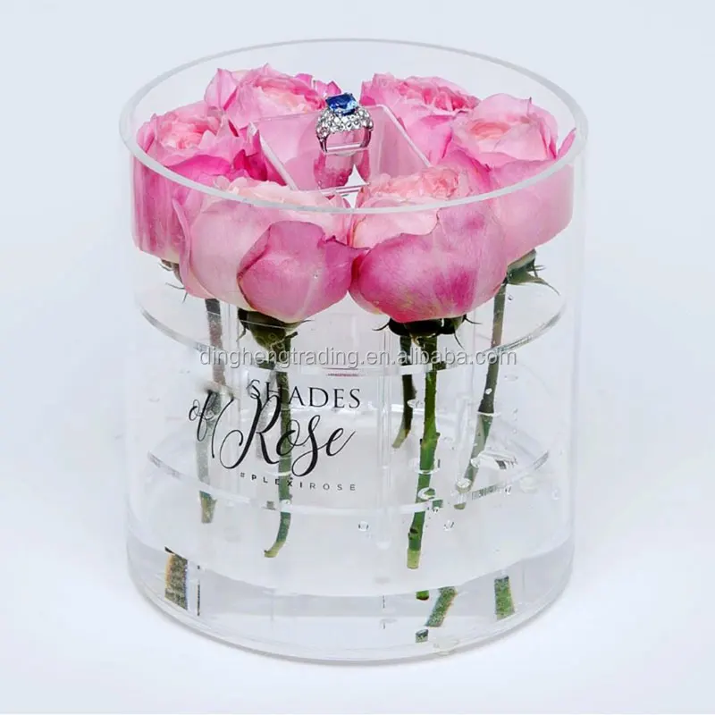 Custom Luxury Clear Acrylic Flowers Round Box with Square Ring Box