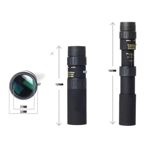 Mini 10-30x25 Zoom Optical Monocular Telescope for Outdoor Camping Travel - Black