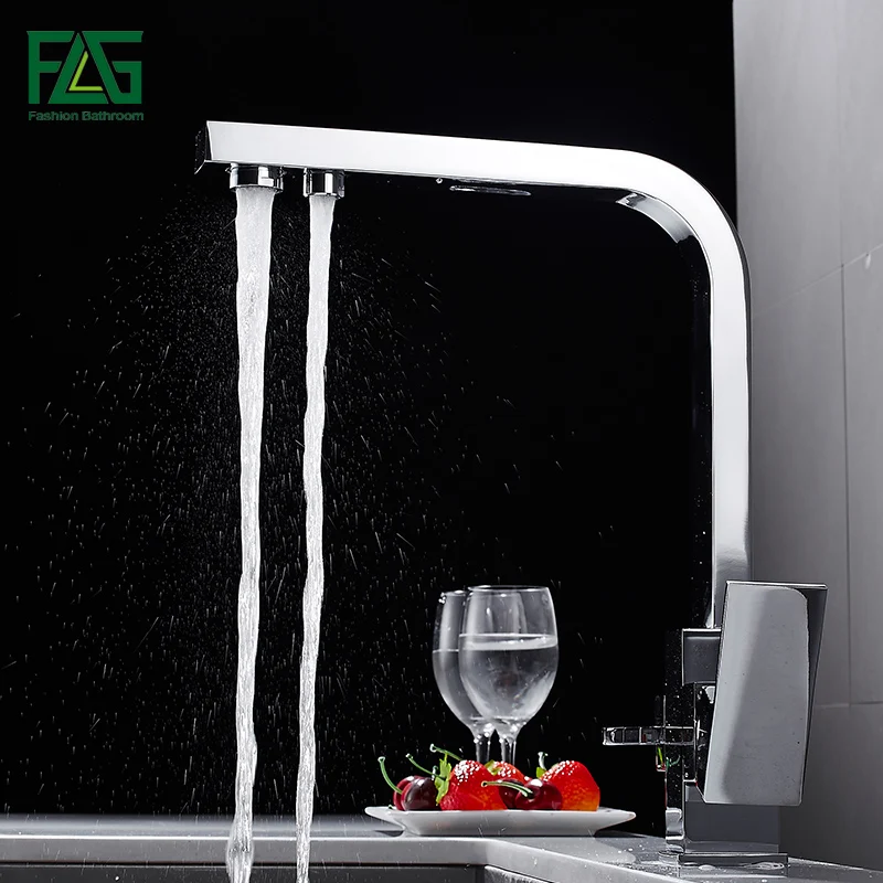 Drinking Water Kitchen Faucet 2-Handle Double Spout 3 Way Kitchen Sink Faucets Hot and Cold and Water Filter Purifier Mixer Tap