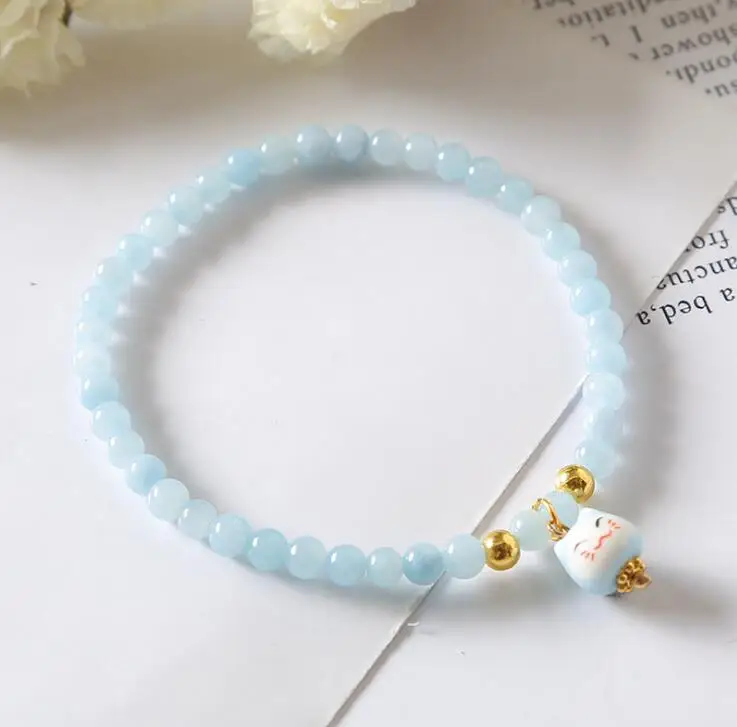 4mm Wholesale Myammar Green Jade Bead Bracelet with Fortune Cat
