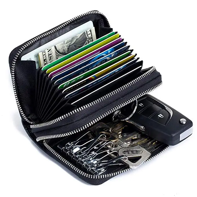 RFID Blocking Travel Passport Wallet Genuine Leather Credit Card Key Wallet Car Holder Case Secure 9 Slots,6 Key Hooks