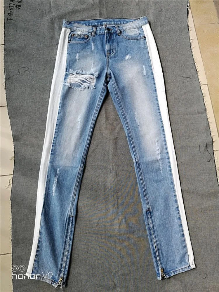 Royal wolf track pants factory tape printed jeans men side stripe jeans fashion trousers white striped jeans