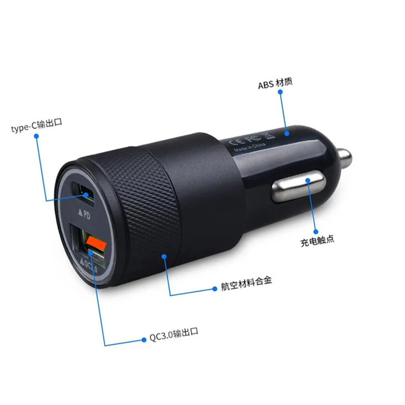 
QC 3.0 PD TYPE-C dual port Dual USB Fast Car Charger Adapter Compatible vehicle charger for iPhone X- Galaxy S10 S9 S8 S7 S 