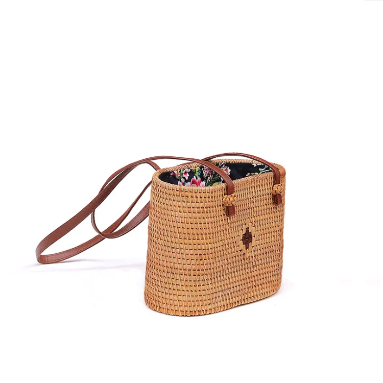 Bali Fashion Flower Lining Women Small Raw Beach Rattan Tote Bag For Vacation