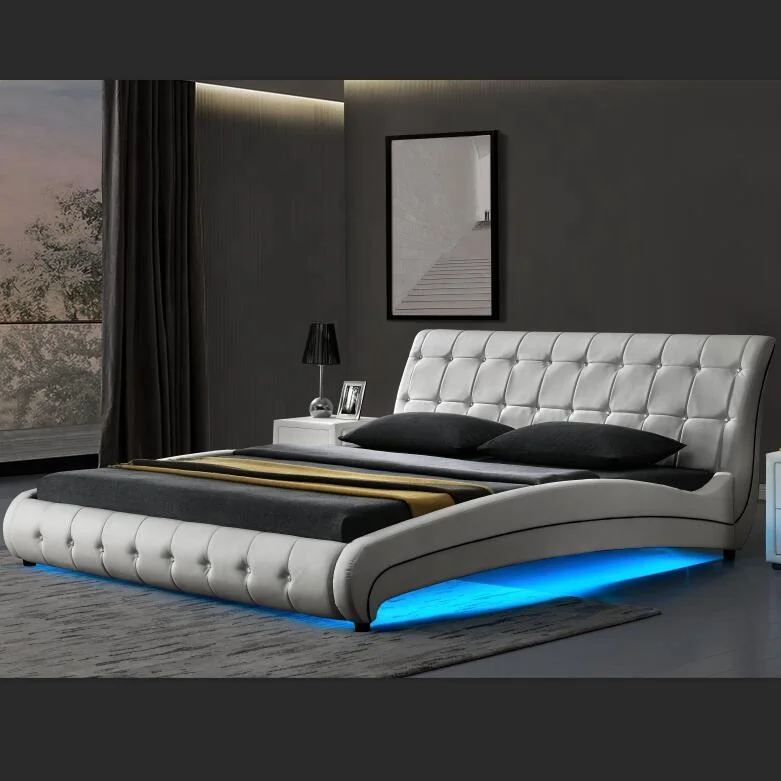Willsoon bedroom furniture tufted Design faux leather Luxury bed Double wooden Bed Frame with LED Light camas king  headboard