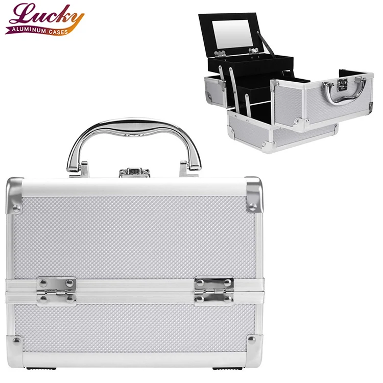Silver Aluminum Cosmetic Case High-capacity Trunk Travel Bag Jewelry Case Women Makeup case