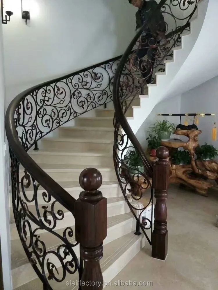 Indoor curved arc staircase Indoor curved marble treads staircase Indoor bending arc iron railings staircase TS-364