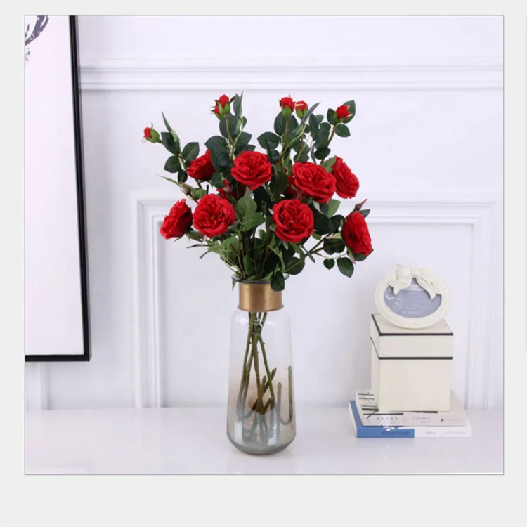 
Factory wholesale silk cloth artificial flower three English tea rose for wedding/home decor 