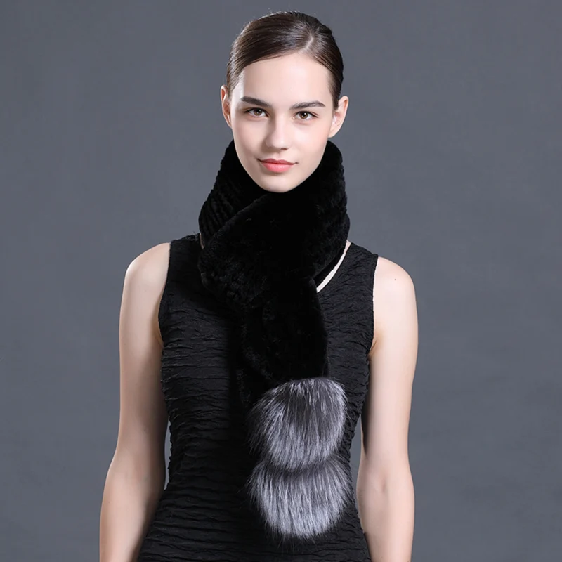 CX-S-109A Hot Sale Hand Knitted Scarves Rex Rabbit Fur Scarf with Fox Fur Pompom