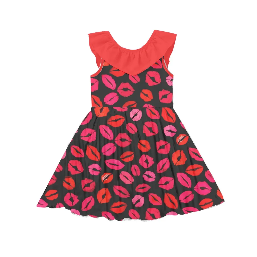 Красивое платье для девочек без рукавов с рисунком красных губ, индивидуальная одежда от производителя, оптовая продажа, вечернее платье для девочек