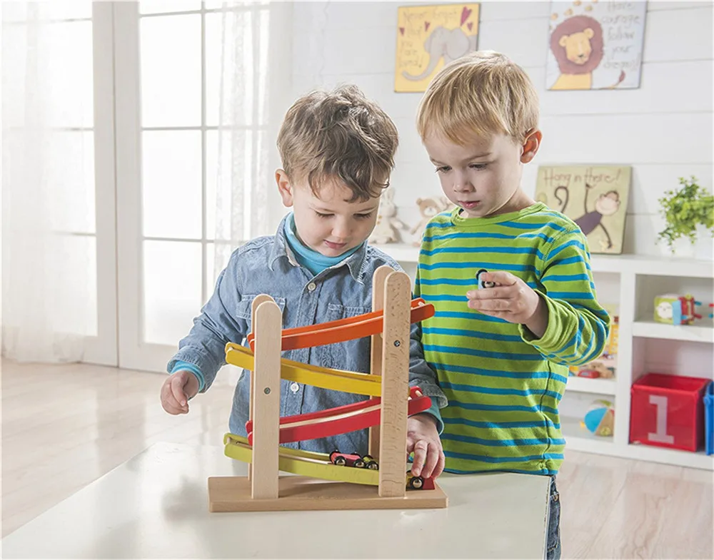 Wooden Ramp Racer Race Track for Toddlers and 4 Wood Cars, Race Car Ramp Set