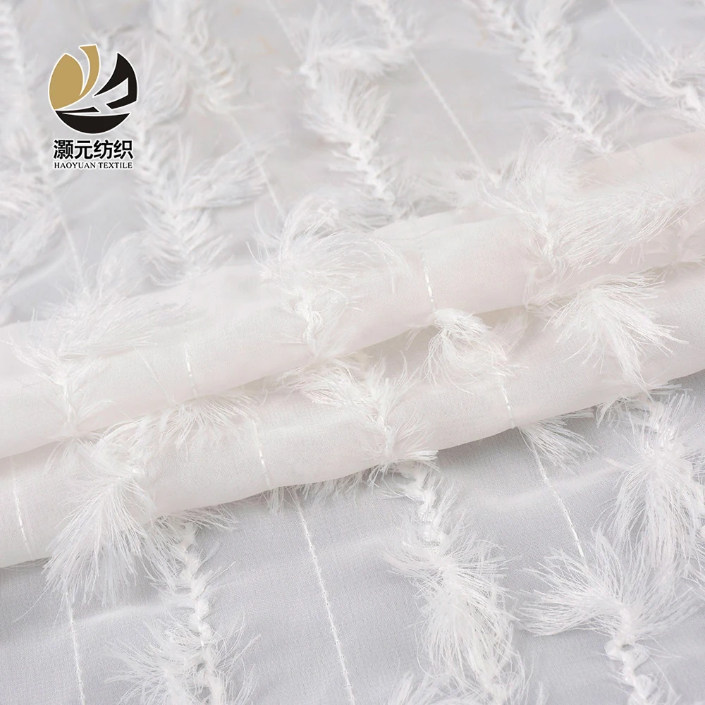 Stock lot wholesale high quality polyester soft fancy 3d white feather crepe chiffon fabric