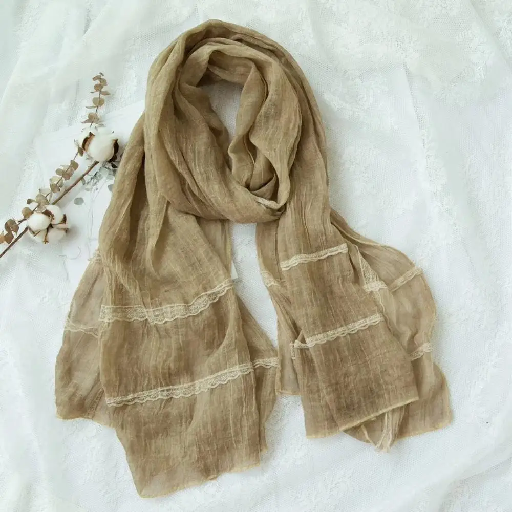 Muslim women soft cotton oversize solid plain lace scarf shawl stole