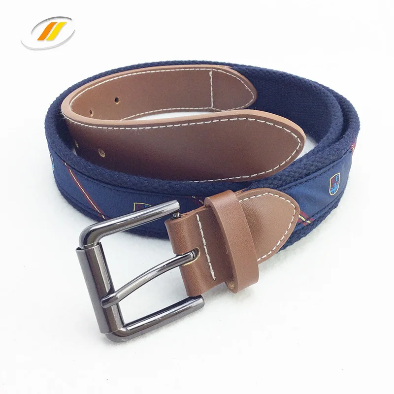 Men Canvas Fabric Genuine Leather Belt With Custom Logo