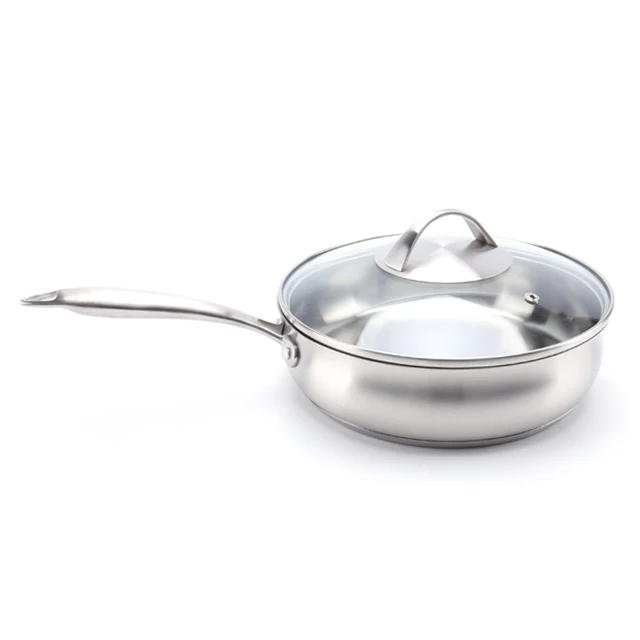 24CM 304 Stainless steel Matte surface deep frying pan with Tempered glass lid