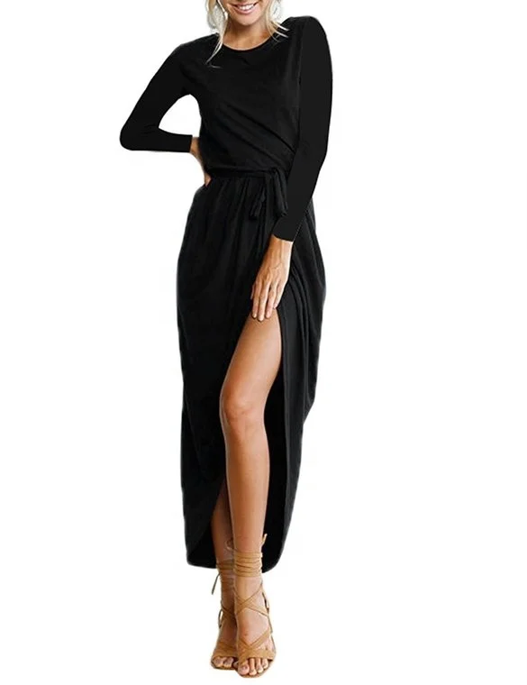 European and American autumn round collar long sleeve 100% bamboo fabric irregular flower bud dress