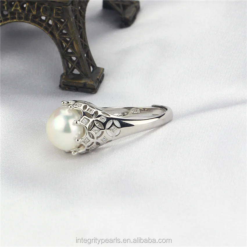 
crown shape open size red zircon 925 sterling silver real pearl ring 