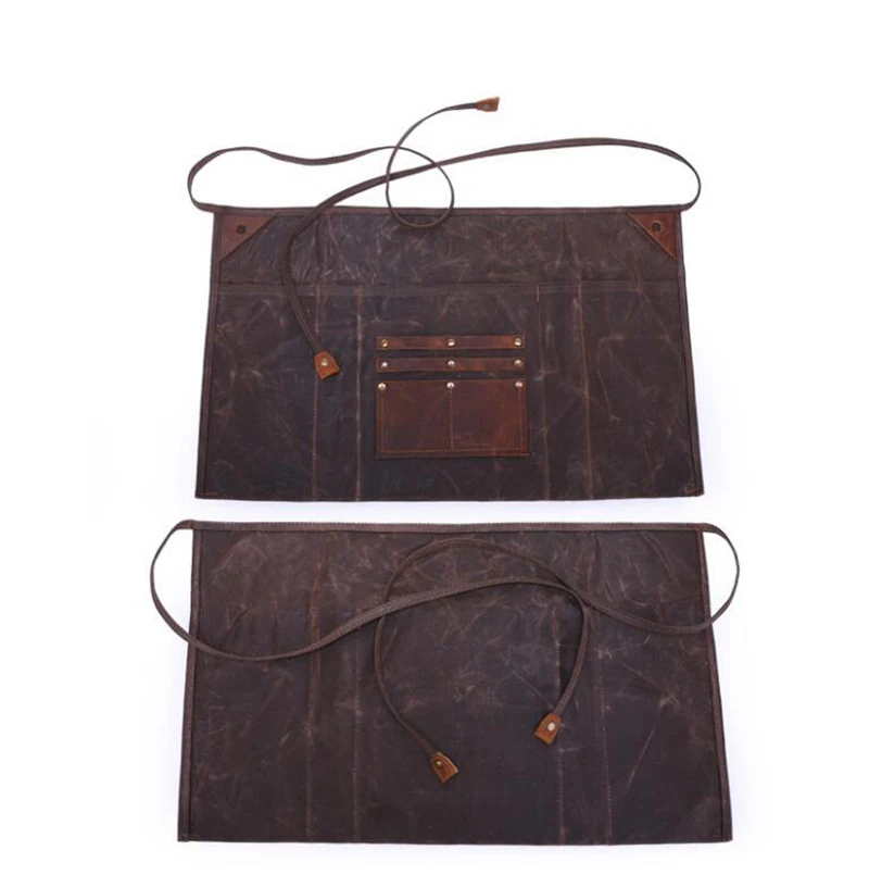 Dreamtop DTB348 waterproof waxed canvas leather apron for men wholesale half gardening apron with pockets